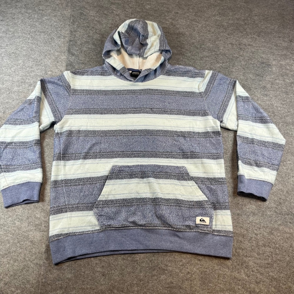 Quiksilver Mens Hoodie Blue Striped Surf Pullover XL 18/20 French Terry Beach